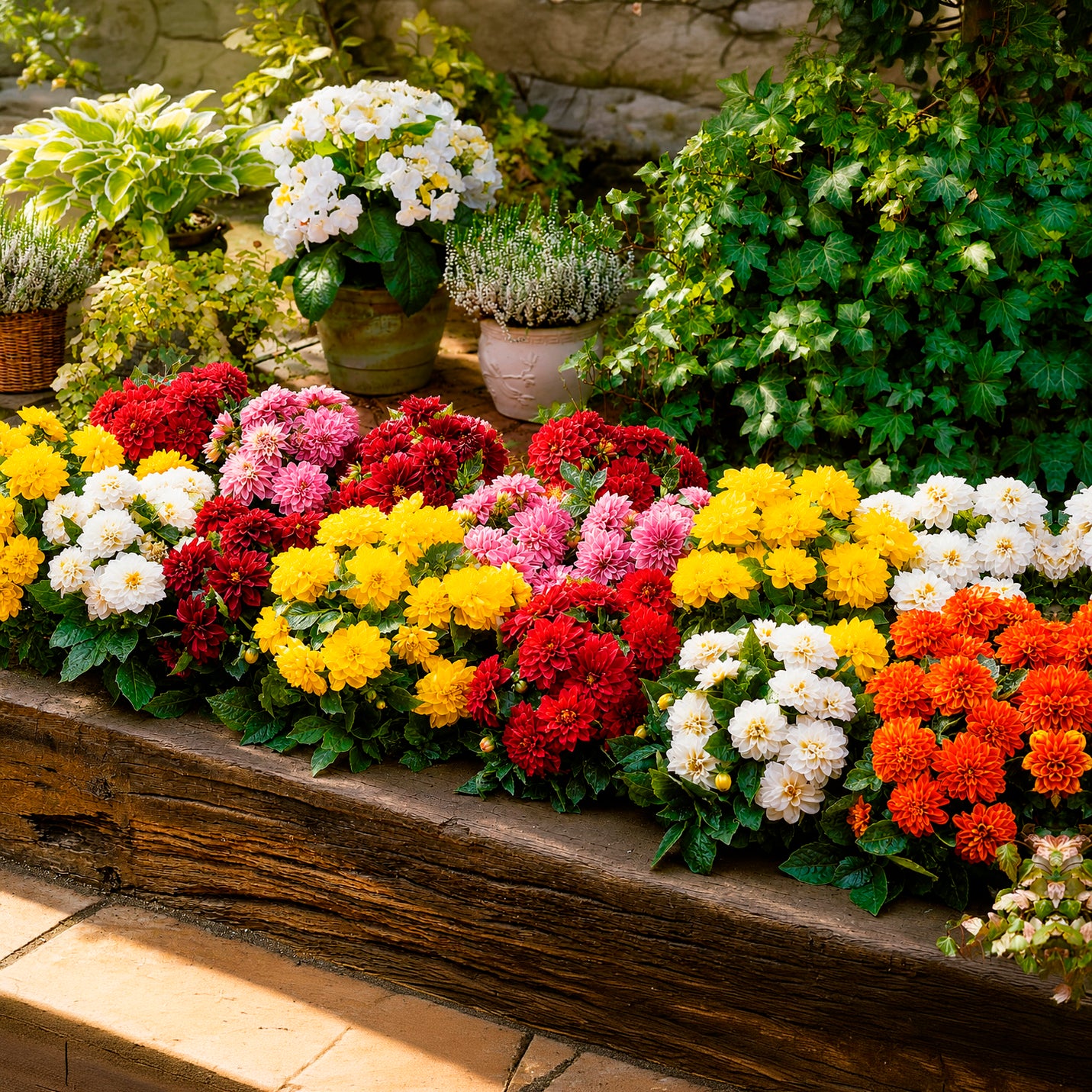 Dahlia GO GO - 5 Dahlias nains (rouge, rose, blanc, orange, jaune) - Dahlia